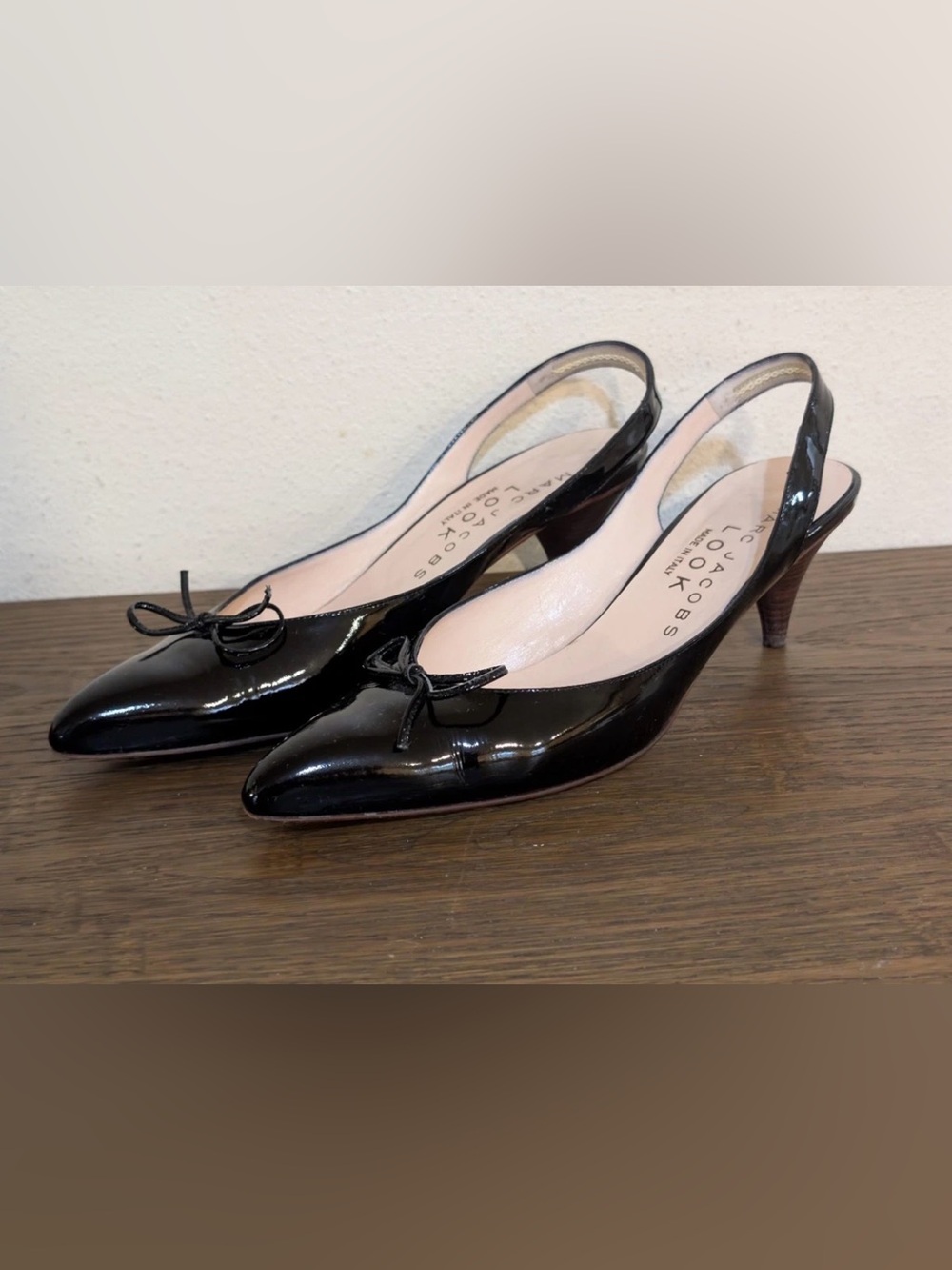 Marc Jacobs Black Patent Leather Pointed Toe Slingback Kitten Heels